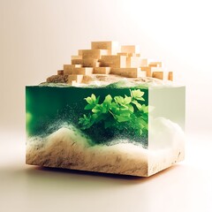 Poster - Abstract World with Greenery Under Water and Minimalist Blocks Standing on Top Depicting Urban Life.