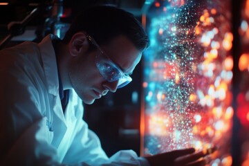 Poster - Scientist observing luminous data in a high-tech laboratory during evening hours