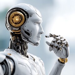 Poster - advanced artificial intelligence android contemplation white and metallic machine aesthetic robot.