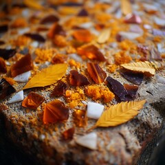 Poster - Amber Shards and Yellow Leaves on a Rough Textured Surface A Fragmented Autumn Still Life Mosaic.