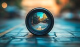 Lens Perspective: A captivating perspective of a classic street scene, seen through the eye of a camera lens, offering a unique view of urban architecture and the world in focus.
