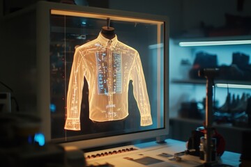 Poster - Innovative smart shirt displayed in a futuristic design studio