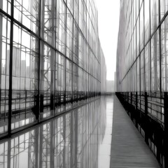 Poster - Architectural Reflection in Modern Cityscape Window Gallery Hallway Perspective View.