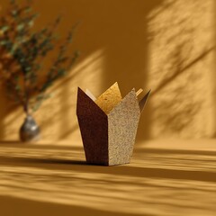 Poster - Artistic Composition of Snack Food in a Paper Container on Wooden Surface with Plant Background.