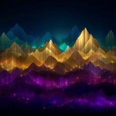 Fototapete - Aurora Digital Mountain Range Colorful Glowing Landscape Generative Art Design and Data Visualization.