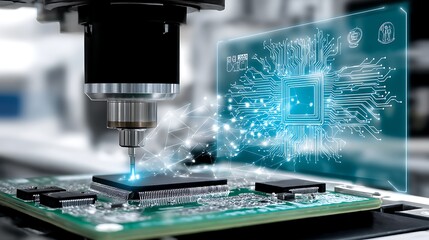 Poster - Automated Microchip Production with Circuit Board Hologram Display for High Tech Industry.