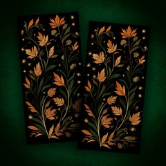 Poster - Autumnal Botanical Elegance with Golden Leaves and Decorative Flourishes on Dark Backgrounds Artworks.