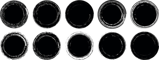 Poster - Circles grunge brush shape, paint brushstroke circles pack. Vector brush circle.  Black circle frames. Grunge round shape. Circular ink brush stroke fro design elements. Vector illustration.