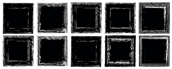 Poster - Grunge style set of square and rectangle shapes, set of grunge textures, rectangle frame, ink paint brush, Black square shapes with ripped jagged borders on white background.