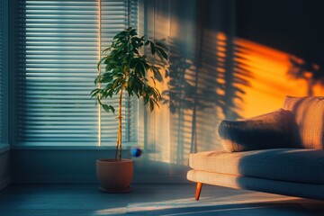 Poster - Cozy living room bathed in warm sunlight with a plant near a window