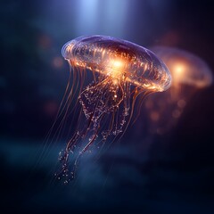 Wall Mural - bioluminescent jellyfish floating in deep ocean waters artistic underwater creature scene