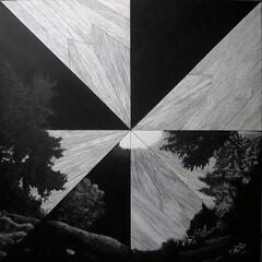 Poster - black white geometric landscape illusion depicting forest and sun rays in abstract art style.