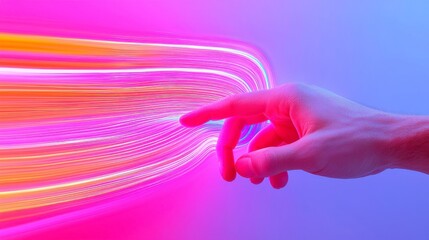 Poster - Abstract Representation of Business Growth with a Businessman's Hand Interacting with a Financial Chart on a Digital Screen, Vivid Lines and Colors Depicting Financial Motion