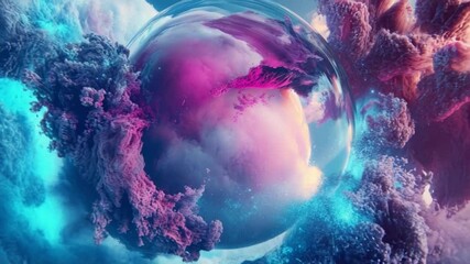 Poster - Cosmic Fusion: A mesmerizing fusion of swirling clouds and vibrant colors envelops a luminous sphere.
