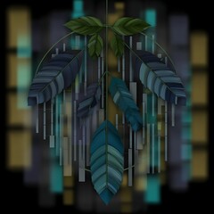 Poster - Botanical Arrangement with Feathered Leaves on Geometric Gradient Background Composition.