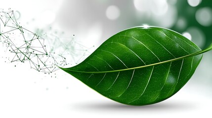 Poster - bright green leaf with abstract network connections illustrating technological advancement.