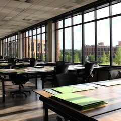 Poster - Bright Open Plan Office Space with Large Windows Offering a Scenic View of an Urban Area.