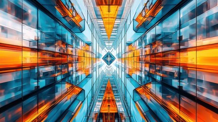 Aufkleber - Symmetrical architectural photograph with orange and blue geometric reflections
