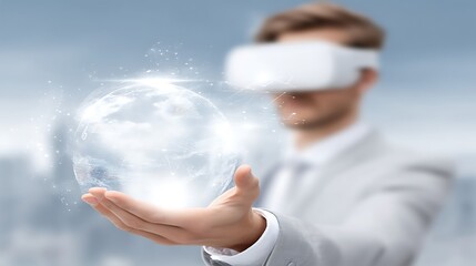 Poster - Businessman Using Virtual Reality Technology Showing Digital Sphere Innovation and Progress.