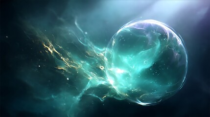 Poster - celestial orb in ethereal nebula cloudscape of aqua and gold hues galaxy dreamscape cosmic sphere.