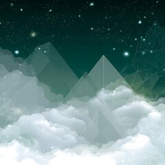 Poster - celestial pyramid mountains above clouds at night with stars in the dark sky artistic render.