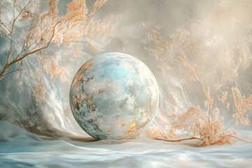 Poster - Ethereal landscape featuring a textured orb and delicate golden flora in a soft setting