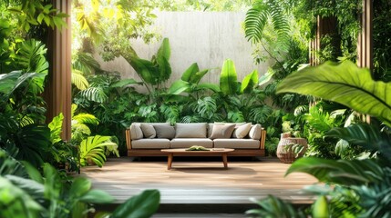 Poster - A lush tropical indoor setting with green plants framing a bright, modern living room space during the daytime