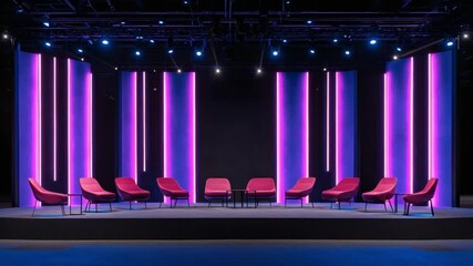 Poster - Modern Stage Setup with Pink Chairs and Vertical Neon Lights for Events, Presentations, and Meetings, Showcasing Contemporary Design Aesthetic