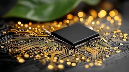 Poster - Circuit Board with Processor Unit and Bokeh Background.