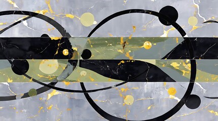 Poster - Circular Geometries Amidst Gray Textures Intertwined Golden Patterns Abstract Aesthetic Composition.