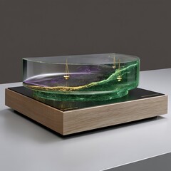 Poster - Clear Resin Display with Golden Sailboat Sculptures and Abstract Green and Purple Interior Design