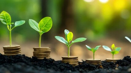 Poster - Blossoming Investment: A verdant seedling sprouts forth from a bed of soil atop stacks of coins, vividly illustrating the powerful potential of financial growth.