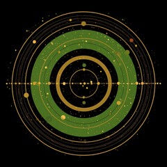 Poster - Complex Circular Geometric Pattern with Golden and Green Accents Abstract Design Illustration.
