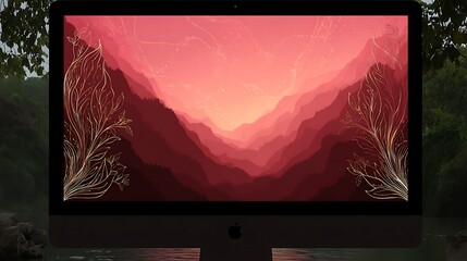 Poster - computer displaying abstract landscape art digital illustration graphic design red and beige hues ar
