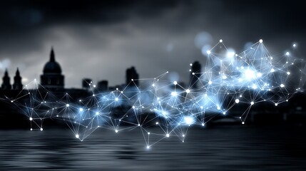 - Conceptual Network Connections Over Urban Skyline, Linking City, Data Visualization and Technology.