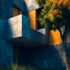 Poster - Concrete Structure and Lush Autumn Tree Harmony in Urban Environment Abstract Image.