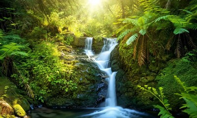 Wall Mural - serene waterfall in lush green forest with sunlight filtering through