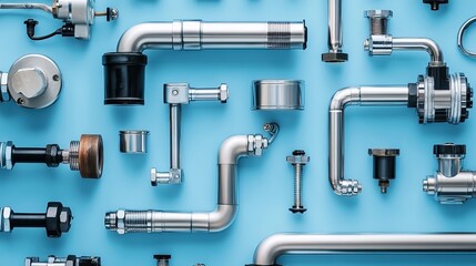 Symmetrical layout of industrial parts on a bright cyan background, combining color and mechanics