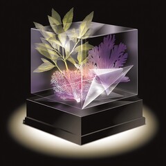 Poster - Coral and Flora in Transparent Cube a Modern Display of Natural Beauty and Geometric Abstraction.