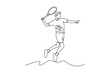© onetime - Single one line drawing tennis player jump and smash the ball with power. Motivation and competition with athlete training for game on outdoor court. Continuous line design graphic vector illustration