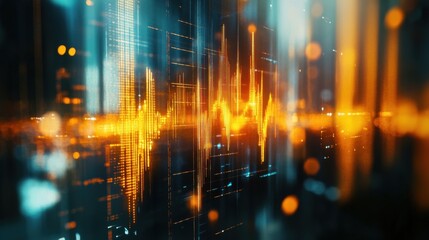Poster - Abstract glowing big data forex candlestick chart on blurry city backdrop. Trade, technology, investment and analysis concept. Double exposure