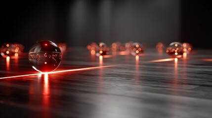 Poster - Crystal Ball Reflections on Textured Surface Red Line Passing Through Close Up Abstract Image.