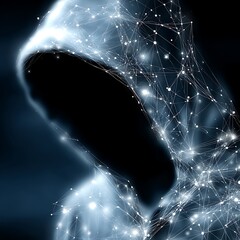 Poster - cybernetic hooded figure connecting the digital dots in a technological enigmatic network.