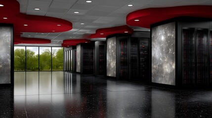 Poster - Data Center Modern Design Featuring High Performance Computing Racks Reflective Flooring and Red Ceilings.