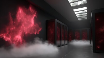 Poster - Data Center Inferno with Glowing Red Cloud Smoke Filling Room and Servers Row in Background.