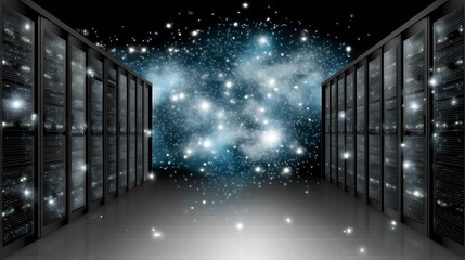 Poster - Data Center Racks and Cosmic Cloud Illustration Representing Vast Information Storage Capacity
