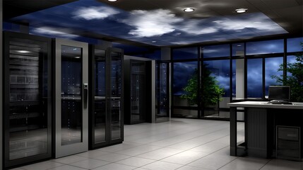 Poster - Data Center with Computer Servers and Night Sky Ceiling Design in a Secure Room Display.