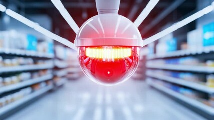 Poster - Close-Up of Suspicious Surveillance Camera in Modern Retail Store Aisle with Blurred Background Showing Shelves Stocked with Products