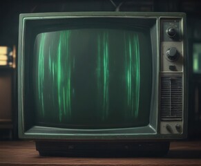 Wall Mural - Close-up of vintage CRT TV screen displaying static  Greenish glow, visible scan lines , retro, pixels