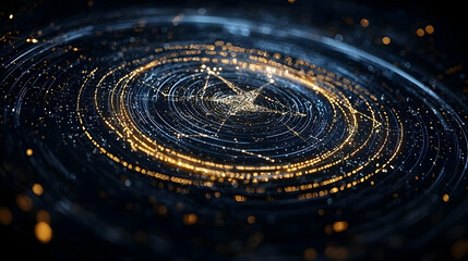 Poster - Abstract Glowing Spiral Design With Golden Particles On Dark Background